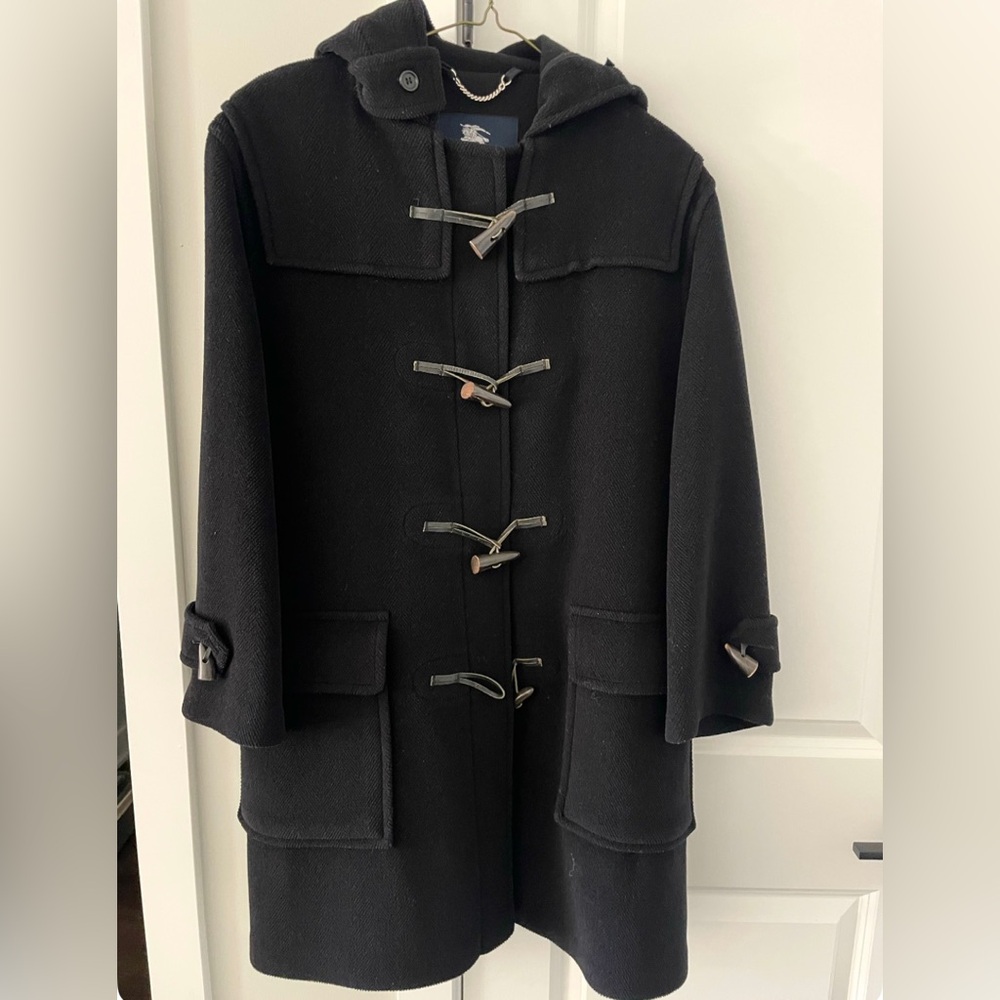 Burberry Black Hooded Wool Duffle Coat.